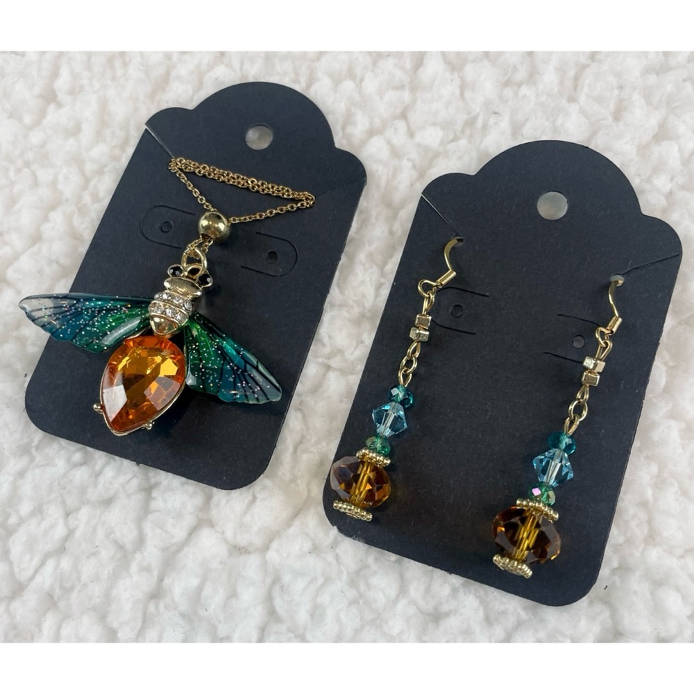 (NWOT) Blue/Green/Orange/Gold Firefly Necklace w/ Matching Drop Earrings - Picture 10 of 16